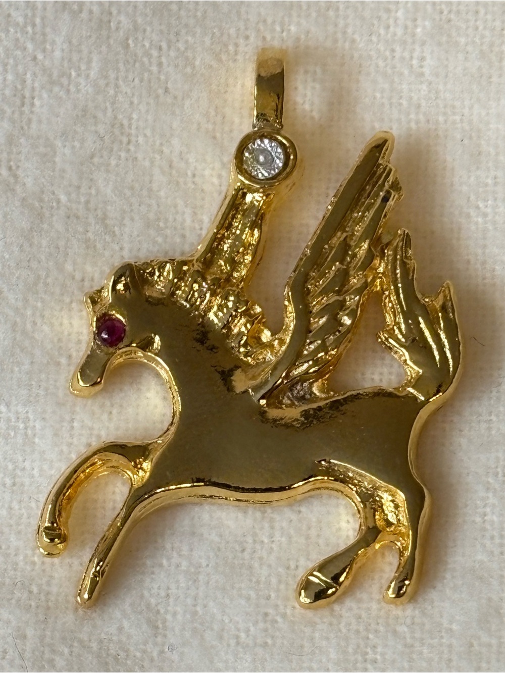 Vintage Diamond and Ruby Pegasus Gold Tone Pendant